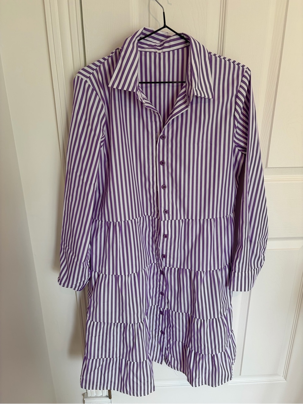 Striped Purple and White Tiered Button-Front Dress